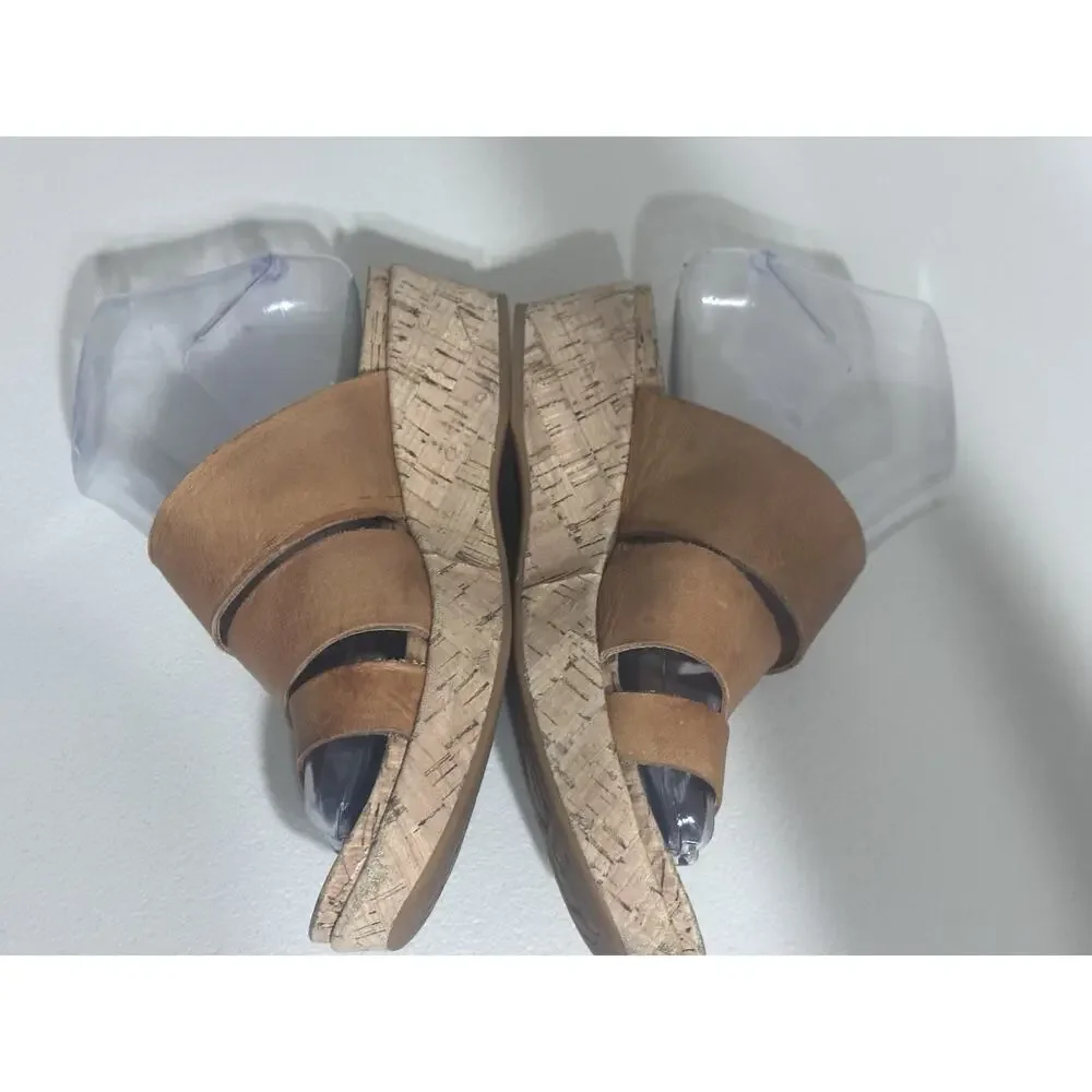 KORK-EASE Menzie Sandals Slide Women’s Beige Tan Leather Cork Wedge Strappy, 7